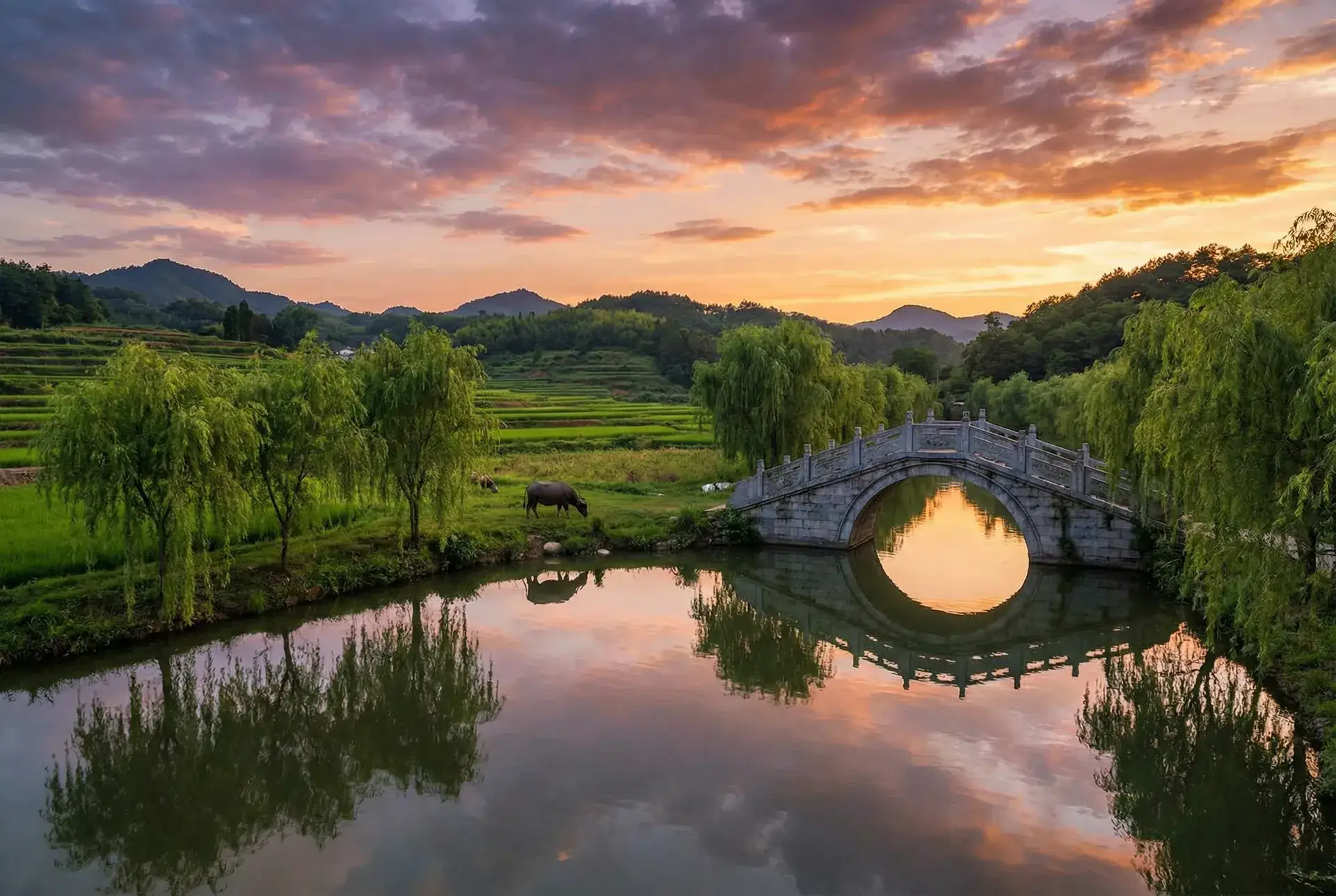 夕阳下的石拱桥与垂柳，水牛在河边吃草 - 我的小尾巴免费观看 乡村美景